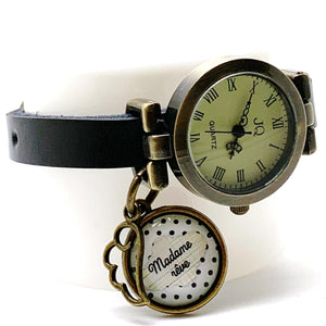 montre bracelet en cuir noir,"madame rêve", noir, bronze (ref.1b)
