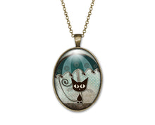 Charger l&#39;image dans la galerie, Collier cabochon en verre, sautoir illustré &quot;Le chat au parapluie&quot;,  bronze (ref.2)