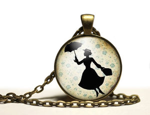 Collier cabochon, sautoir illustré"Mary poppins", bronze (ref.95)