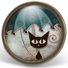 Charger l&#39;image dans la galerie, Bague cabochon illustrée &quot;Le chat au parapluie, bronze (ref.2)