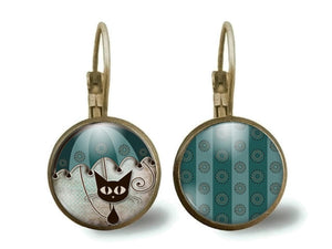 boucles d'oreilles en verre"Le chat au parapluie", bronze (ref.2)