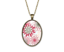 Charger l&#39;image dans la galerie, Collier cabochon en verre, sautoir illustré fleurs&quot;Fleurs roses&quot;, bronze (ref.9)