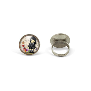 Bague Cabochon, Fille, Oiseau, "La petite fille et l'oiseau" , argenté (ref.34a)