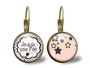boucles d'oreilles cabochon "Je suis une fée", bronze (ref.37)