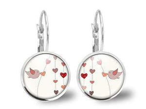 Boucles d'oreilles Cabochon, boucles d'oreilles illustrées d'oiseau, " l'oiseau", argenté (réf.84a)