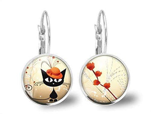 Boucles d'oreilles Chat Cabochon "Le Chat au Chapeau"  argenté (ref.29a)