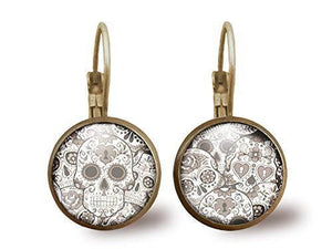 Boucles d'oreilles Cabochon "l Crâne noir et blanc",   bronze (ref.62)