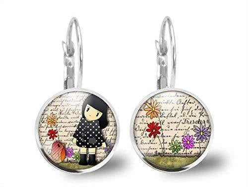 Boucles d'oreilles Cabochon, Fille, Oiseau, 