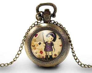 Montre gousset  Petite fille "chasse aux papillons"     bronze (ref.27)