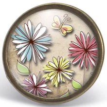 Charger l&#39;image dans la galerie, Bague cabochon, bague illustrée petite fille, &quot;fleurs pastel&quot;, bronze (ref.85)