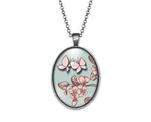 Charger l&#39;image dans la galerie, Collier Cabochon, Papillon &quot;Papillon Rose&quot; argenté  (ref.44a)