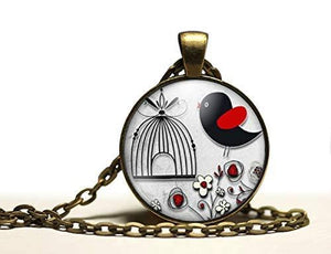 Collier cabochon, collier illustré "l'oiseau rouge et noir",   bronze (ref.51)