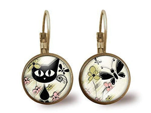Boucles d'oreilles Cabochon "le chat du printemps",   bronze (ref.71)