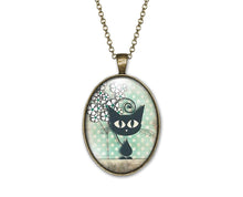 Charger l&#39;image dans la galerie, Collier Cabochon Chat &quot;Le Chat Et Les Pois&quot;,bronze (ref.50)