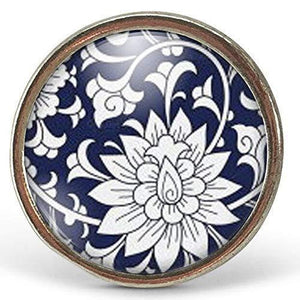 Bague Cabochon, Fleurs Illustrées Bague "Fleurs Bleues",   argenté (ref.57a)