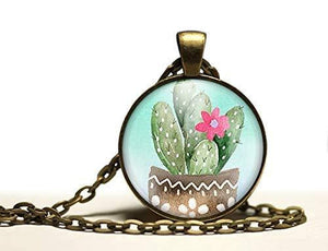 Collier cabochon, collier illustré "Le cactus",   bronze (ref.63)