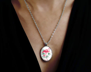 Collier Cabochon "Le flamand rose", argenté (ref.6a)