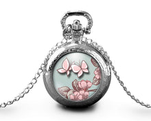Charger l&#39;image dans la galerie, Montre gousset, Papillon &quot;Papillon Rose&quot;, argenté (ref.44a)