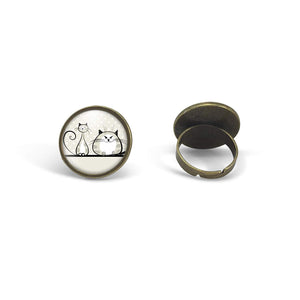 Bague cabochon, bague illustrée "Les deux chats",  bronze (ref.77)