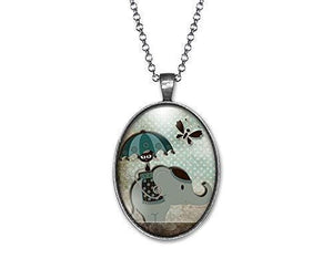 Collier Cabochon Eléphant "Le Chat Et L'éléphant", argenté (ref.25a)