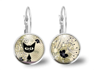 Boucles d'oreilles Chat Cabochon "Le Chaton"  argenté (ref.31a)