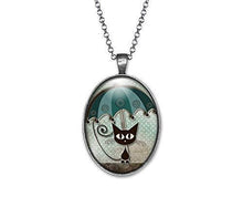 Charger l&#39;image dans la galerie, Collier Chat Cabochon &quot;Le Chat Au Parapluie&quot; argenté  (ref.2a)