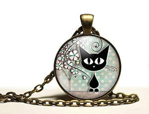 Collier cabochon, collier illustré "Le chat et l'arbre",   bronze (ref.50)