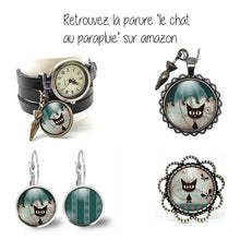 Charger l&#39;image dans la galerie, Boucles d&#39;oreilles Chat Cabochon &quot;Le Chat Au Parapluie&quot;   argenté  (ref.2a)