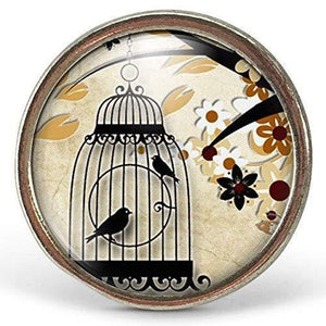 Bague Cabochon - Oiseau, Cage "La Cage à Oiseaux", argenté (ref.39a)