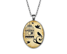 Charger l&#39;image dans la galerie, collier cabochon, oiseau, cage &quot;Ouvre la cage&quot;, argenté (ref.42a)