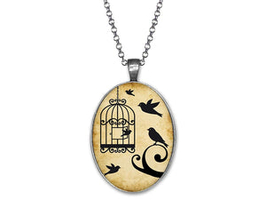 collier cabochon, oiseau, cage "Ouvre la cage", argenté (ref.42a)