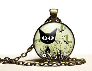 Collier Cabochon, Collier illustré "Le chat dans la prairie",   bronze (ref.70-2)