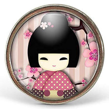 Charger l&#39;image dans la galerie, Bague Cabochon, Kokeshi &quot;Kokeshi Rose&quot; -   argenté (ref.38a)