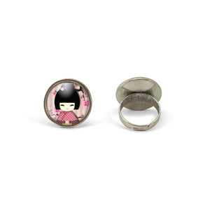 Bague Cabochon, Kokeshi "Kokeshi Rose" -   argenté (ref.38a)