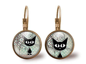 boucles d'oreilles cabochon "Le chat et les pois", bronze(ref.50)
