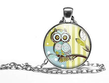Charger l&#39;image dans la galerie, Collier cabochon, collier illustré, hibou &quot;Hibou&quot;, argentéé  (ref.79a)