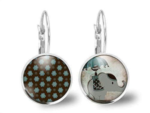 Boucles d'oreilles Éléphant Cabochon "Le Chat Et L'éléphant" , argenté (ref.25a)