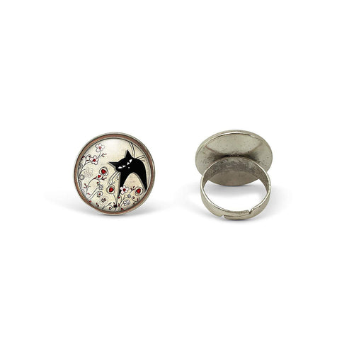 Bague Cabochon - Chat, Fleur 