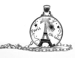 Collier cabochon, collier illustré "Paris",   argenté (ref.90a)