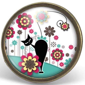 Bague Cabochon - Chat, Fleur "Le Chat Dans Le Pré",bronze (ref.30)