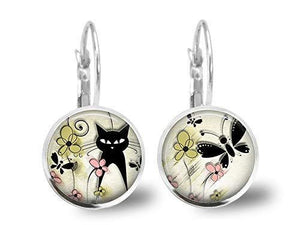 Boucles d'oreilles Cabochon "Le Chat du Printemps",   argenté (ref.711a)