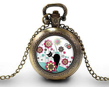 Charger l&#39;image dans la galerie, Montre gousset  Chat, Fleur &quot;Le Chat Dans Le Pré&quot;    bronze (ref.30)