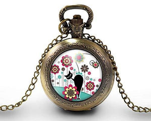 Montre gousset  Chat, Fleur "Le Chat Dans Le Pré"    bronze (ref.30)