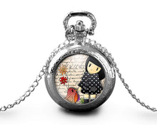 Charger l&#39;image dans la galerie, Montre gousset, Fille, Oiseau, &quot;La petite fille et l&#39;oiseau&quot;, argenté(ref.35a)
