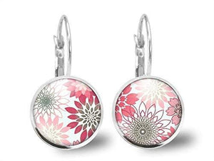 Boucles d'oreilles Fleur Cabochon "Fleurs roses"  argenté (ref.9a)
