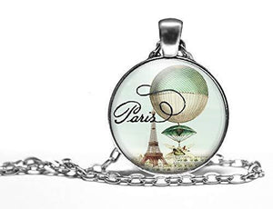 Collier cabochon, collier illustré "Paris souvenir",   argenté (ref.96a)