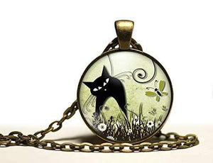 Collier cabochon, collier illustré "Le chat dans la prairie",   bronze (ref.70)