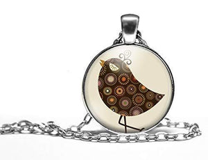 Collier cabochon,collier illustré "l'oiseau chic", argenté (ref.86)