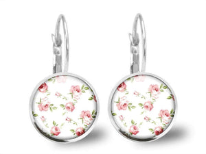 Boucles d'oreilles Fleurs Cabochon "Shabby chic", argenté (ref.14a)