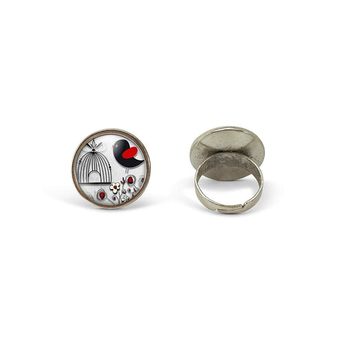 Bague Cabochon - Oiseau, Cage 